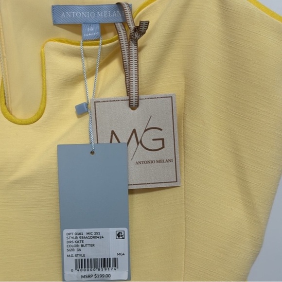 ANTONIO MELANI x M.G. Style Kate Square Neckline Midi Dress Butter Yellow SZ 14 - Picture 6 of 9